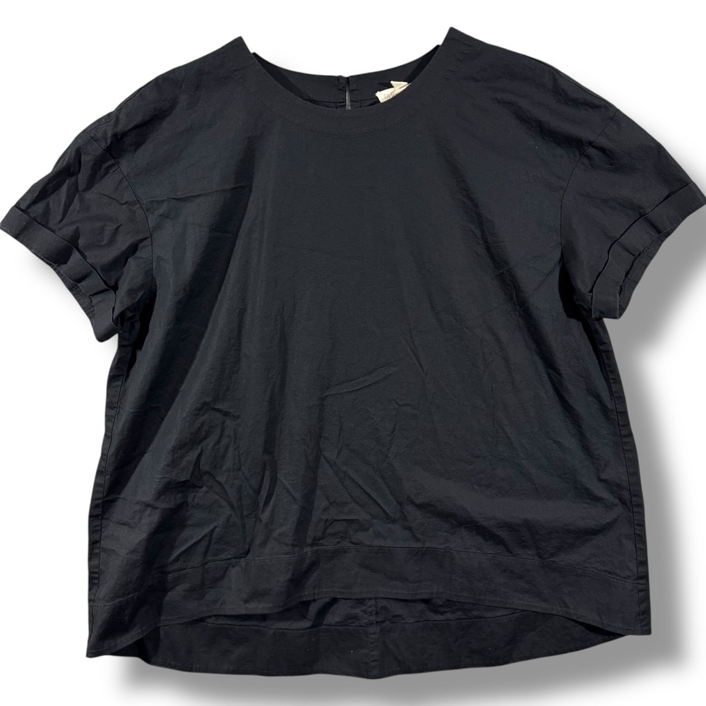 Eileen Fisher Boxy Top Black Organic Cotton Cuffed Sleeve Womens Small